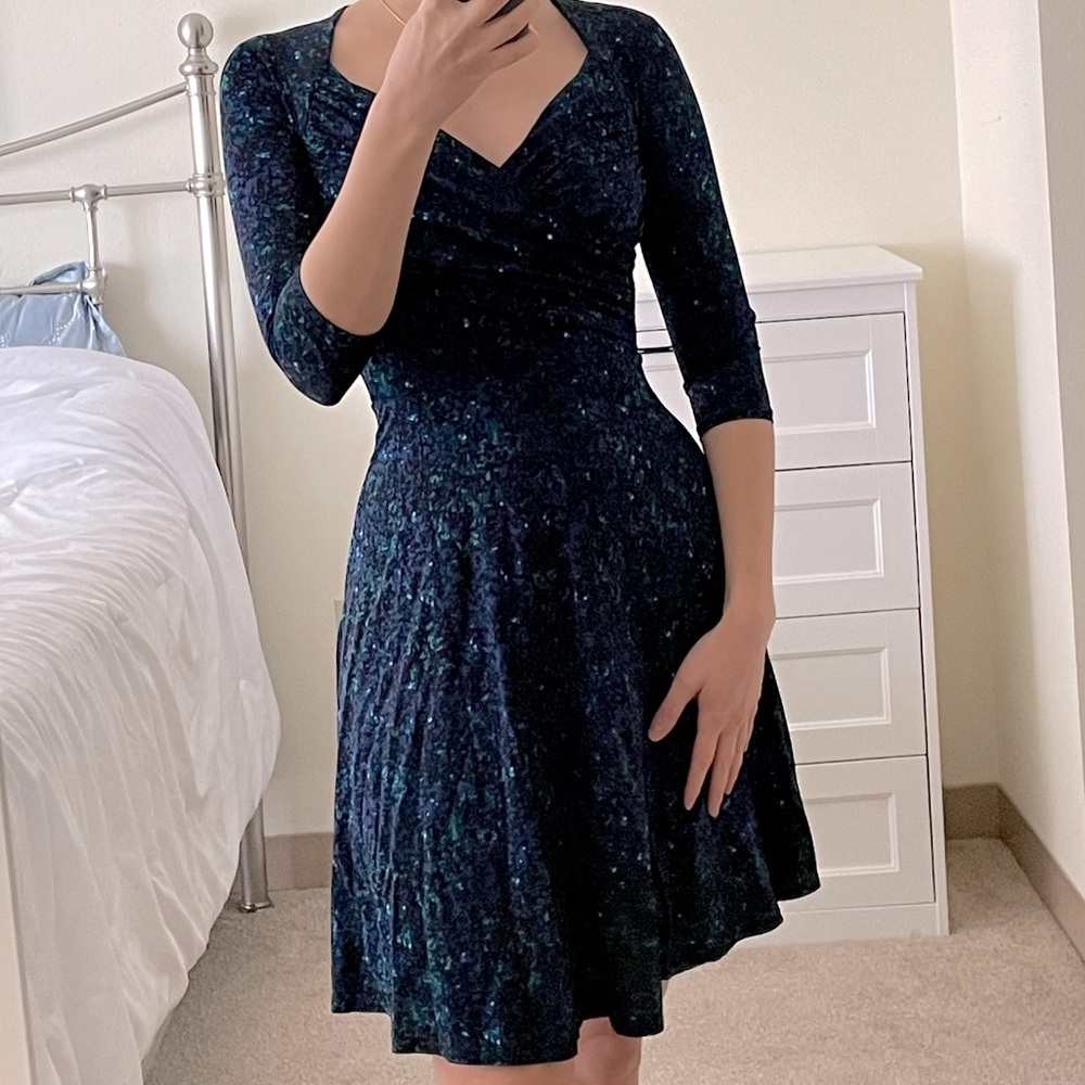 HANDMADE stretchy fitted navy blue and green long-sleeve dress.